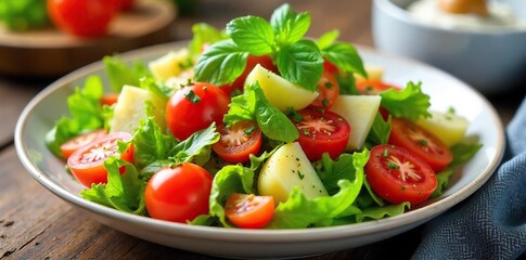 Vibrant summer salad bursting with fresh, colorful vegetables and herbs Perfect for a light lunch or side dish Enjoy the taste of summer!, salad, lemon