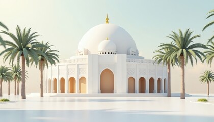 White Islamic Building with Dome Surrounded by Palm Trees