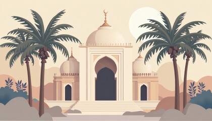 Naklejka premium Desert Mosque with Palm Trees in Warm Beige Landscape Art