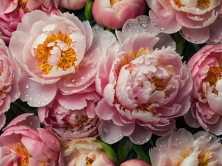 Pink Peonies Blooming  Dew Drops  Floral Background