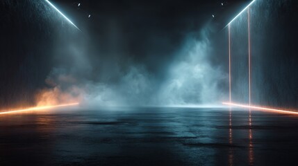 The dark stage shows, empty scene background, neon light, and spotlights The asphalt floor and studio room with smoke float up the interior texture for display products.