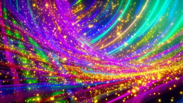 Vibrant ribbons of neon light and sparkling dots spiral dynamically in a radiant composition, concept of imagination, energy flow and creative explosion