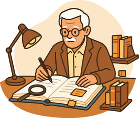 Professor Writing in Book, Vector Illustration