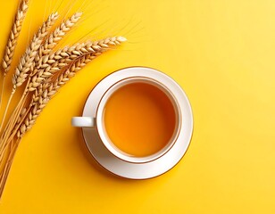 Wheat ears and teacup on yellow