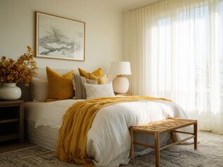 A cozy bedroom with warm, inviting decor.