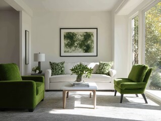 Bright living room with verdant accents and natural light.