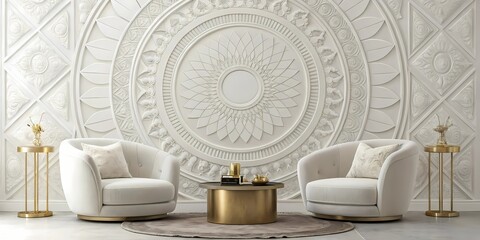 Lippan art mandala behind a floating wooden sideboard and white modern accent chairs in a high-ceilinged living space”