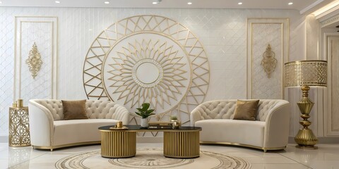 Lippan art mandala behind a floating wooden sideboard and white modern accent chairs in a high-ceilinged living space”