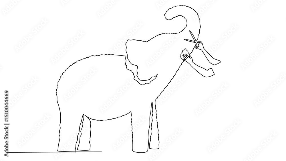 Poster self drawing animation of continuous one line drawing a male gardener holds grass shears and shapes 