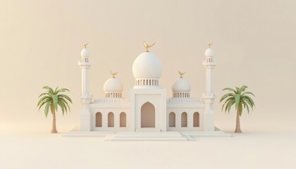 Naklejka premium White Mosque with Crescent Moon and Palm Trees on Beige Background