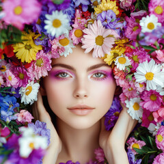 Naklejka premium Beautiful woman with colorful makeup surrounded by vibrant daisies and wildflowers, serene expression, spring floral beauty
