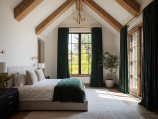 Luxurious bedroom with dark green velvet curtains and exposed wooden beams.
