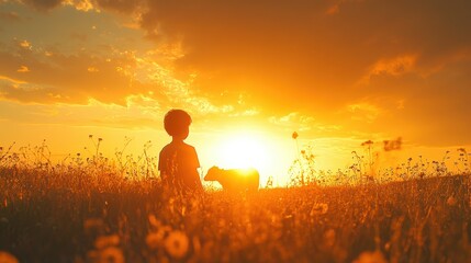 Serene field scene of boy watching calf at golden sunset in expansive summer pasture backlight