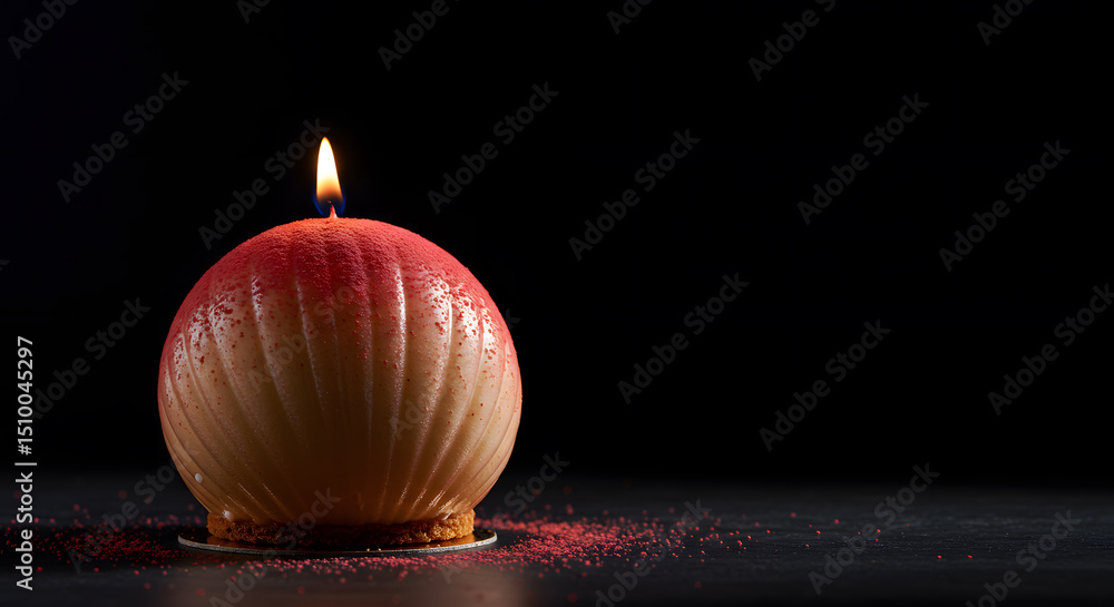 Poster smooth spherical cake with a red gradient powder coating, lit by a single candle and surrounded by d