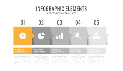 Square infographic elements with business icons and space for data. Five steps or processes.