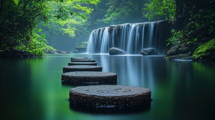 Serene waterfall scene with stepping stones in a lush forest clear river tranquil backdrop and vivid greenery