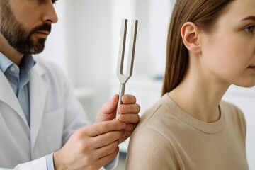 Medical professional conducts hearing test using tuning fork with patient in clinic