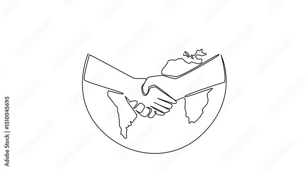 Poster animation of single one line drawing globe and in the middle there are 2 hands shaking hands. the bu