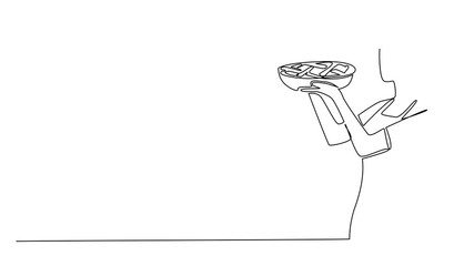 Animated self drawing of single continuous line drawing a woman wearing an apron holds an apple pie on a round tray. Finished dough is immediately baked. National Apple Pie Day. Full length animation