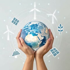 Hands Gently Holding a Holographic Earth with Floating Clean Energy Icons – Futuristic Sustainability Concept for Eco-Friendly Global Innovation and Green Technology Solutions

