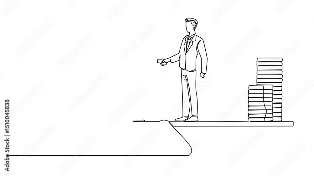 Poster self drawing animation of single continuous line drawing 2 businessmen shaking hands with large stac