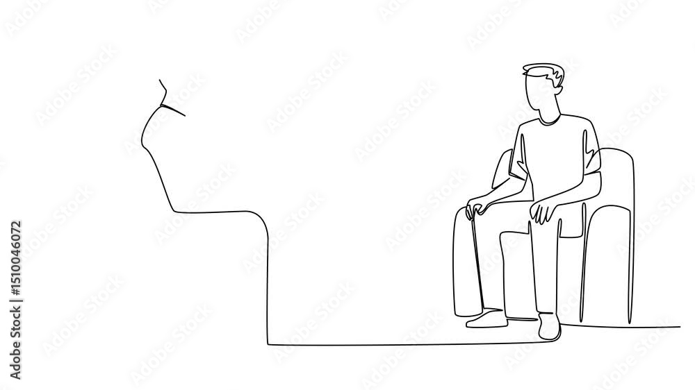 Poster self drawing animation continuous one line drawing man sitting on sofa holding clipboard. logging pr