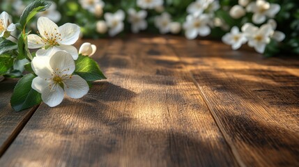 Serene spring floral composition delicate white blossoms green leaves sunlight on dark wooden surface texture