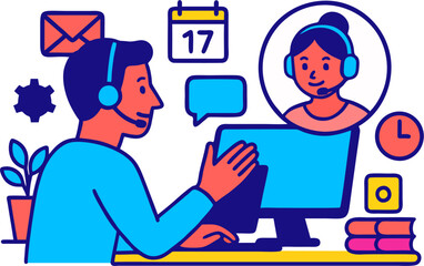 Two people collaborating online via computers and headsets