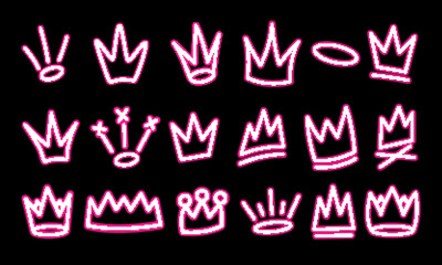 Big graffiti set of pink neon crown on black background. Vector illustration.