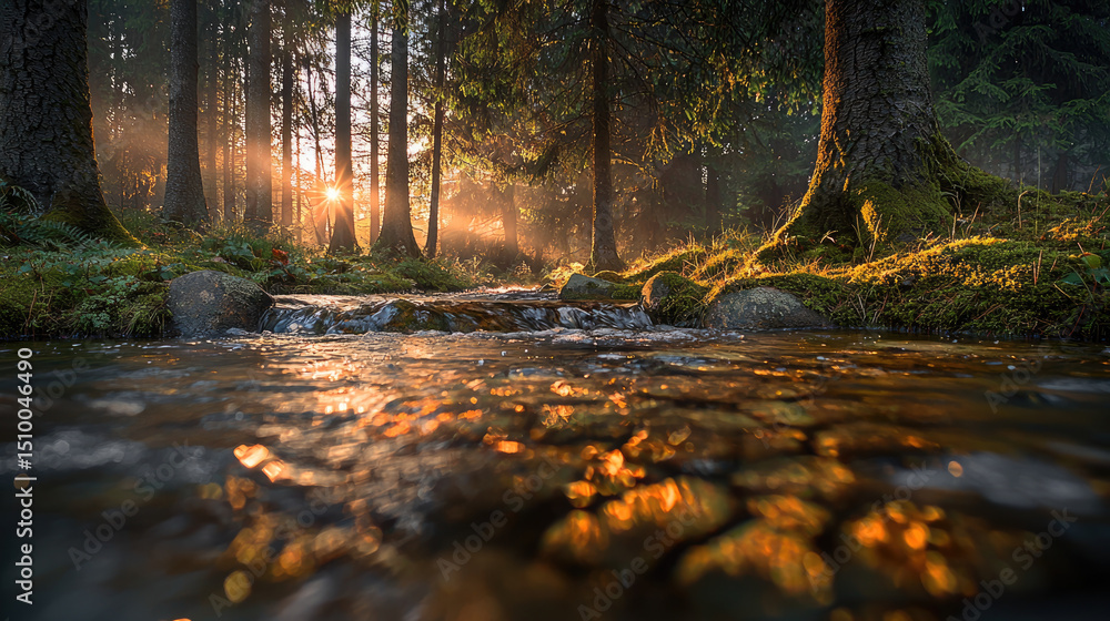 Poster sunlight filters through tall forest trees, illuminating crystal clear mountain stream with peaceful