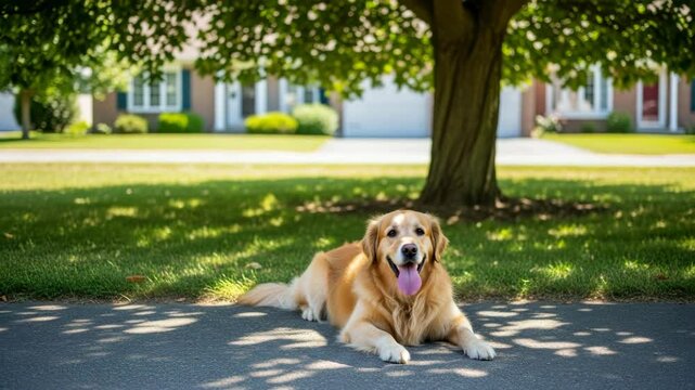 Friendly dog lies on cool pavement with tongue out beneath leafy tree in front of houses, concept of pet care, heat relief, and summer comfort