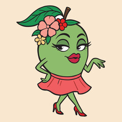 Cartoon mango character wearing a skirt and red high heels