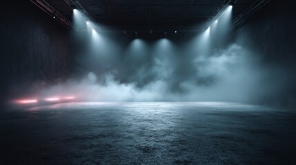 The dark stage shows, empty scene background, neon light, and spotlights The asphalt floor and studio room with smoke float up the interior texture for display products.