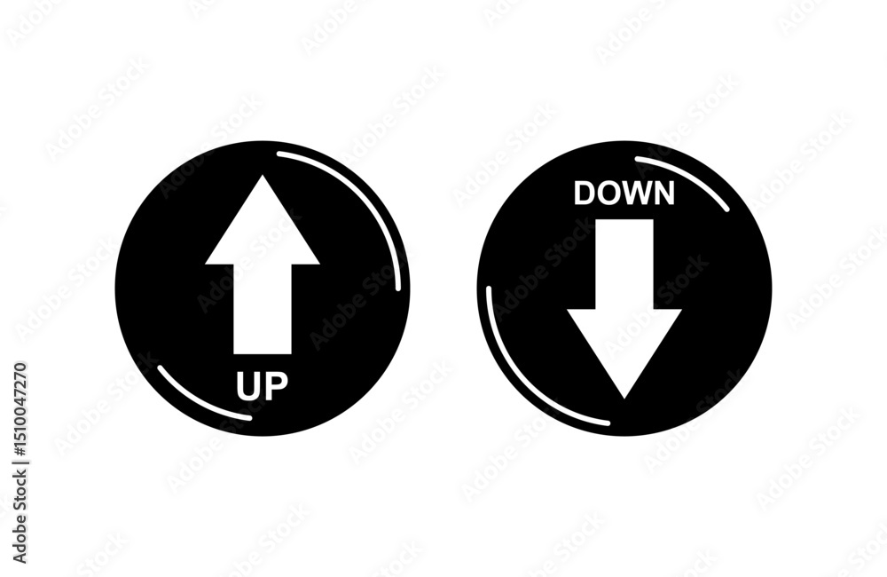 Poster up and down arrow icons. two bold black circular buttons with contrasting white arrows and 