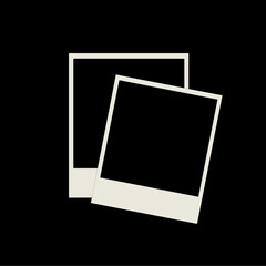Two blank, off-white instant camera-style photo frames with thick borders, arranged slightly overlapping on a black background.
