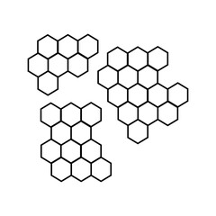 Geometric hexagonal patterns. Three clusters of interconnected honeycomb outlines in black, offering a minimalist and modern abstract background or design element.