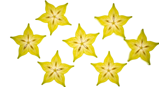 Multiple vibrant star fruit slices on transparent background, showcasing healthy eating and fresh fruit for food design.