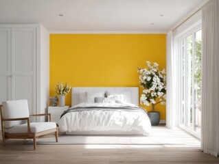 Bright bedroom interior with a striking yellow wall.