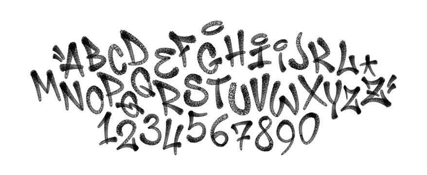 Graffiti spray alphabet. Spider font and digits. Vector illustration
