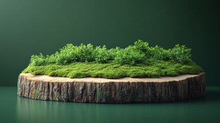 Captivating mossy tree stump pedestal against serene green backdrop displaying rich natural detail and texture studio shot ecological focus