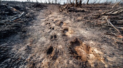 Fototapeta premium Animal paw prints on charred, burnt ground