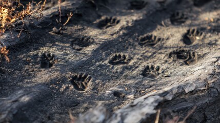 Obraz premium Animal paw prints on charred, burnt ground