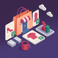 Fototapeta premium An isometric illustration on a purple background shows an orange shopping bag, digital screens with products, money, a mug, and percentage symbols related to online shopping.