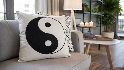 shows a cozy living room with a gray couch adorned with a decorative pillow featuring the Yin Yang symbol. In the background, there is a coffee table with a bowl and a black shelf with candles and pla