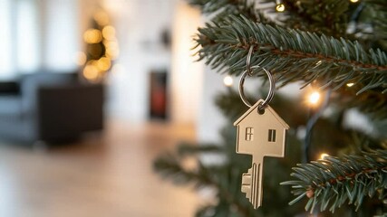 Holiday home key ornament hanging on christmas tree evergreen branch - Powered by Adobe