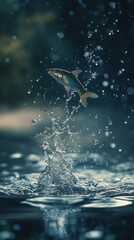 Obraz premium Fish jumps out of water creating splashes in a tranquil setting during early morning light