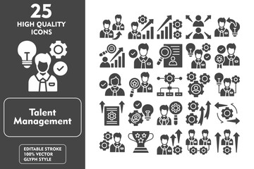 Talent Management Glyph Icon Set. Incleded Icons Referral, Assessment, Development, Mobility, Management, Achievement, Professional Development. Vector Icons Collection