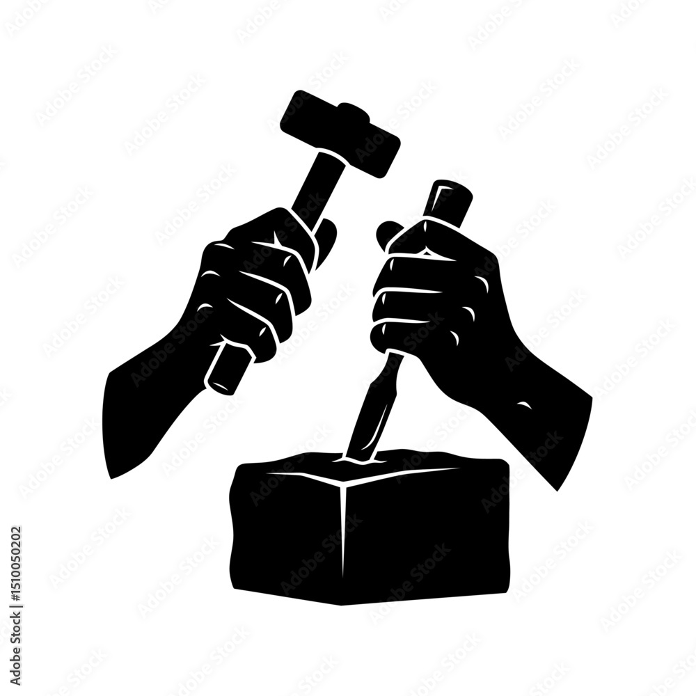 Aufkleber hands using hammer and chisel to shape stone isolated on white background, showcasing craftsmanship,