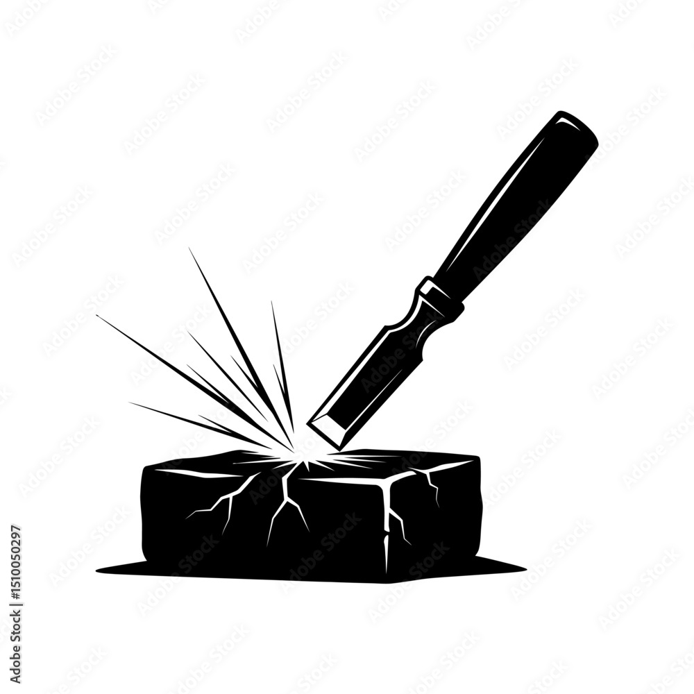 Poster chisel striking a stone block isolated on white background, creating cracks and fragments in a graph