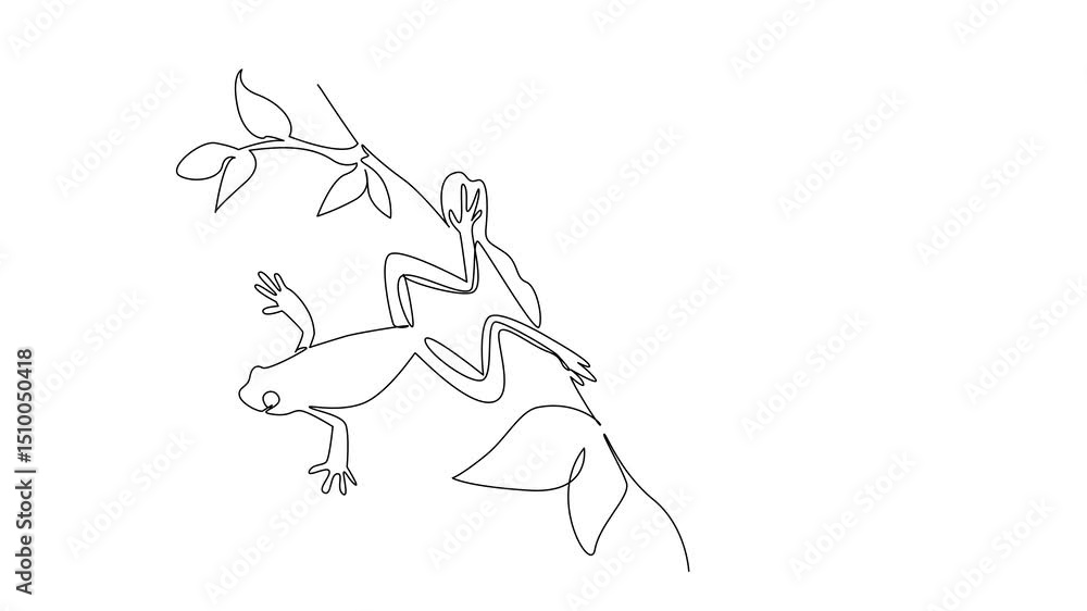 Poster animation of single one line drawing frog jumping from tree trunk. looking for edible insects. hunti